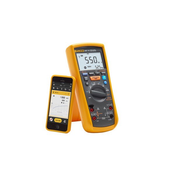 Fluke 1587FC - 스마트폰 앱 화면과 멀티미터를 함께 놓은 모습